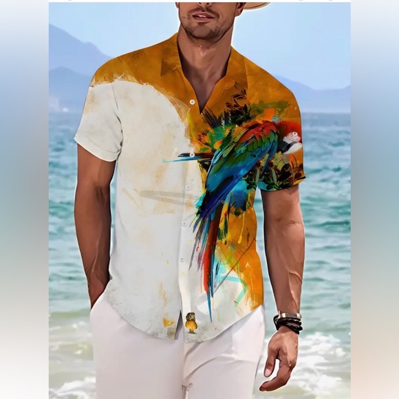 Parrot Splash Print Short Sleeve White Shirt w Lapel Collar (2XL) - Picture 2 of 10